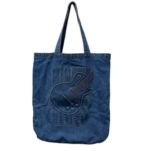 Tyca‎ Large Denim Tote Bag Memphis Blues Embossed Denim Med Blue 19" x 21.5"